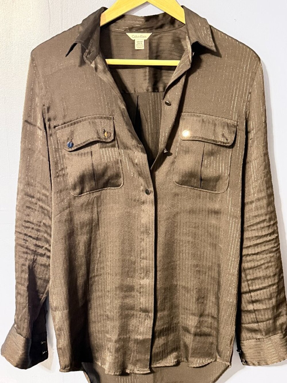 Calvin Klein Subtle Vertical Metallic Pinstripes Long-Sleeve Shirt--Black-XS/TP